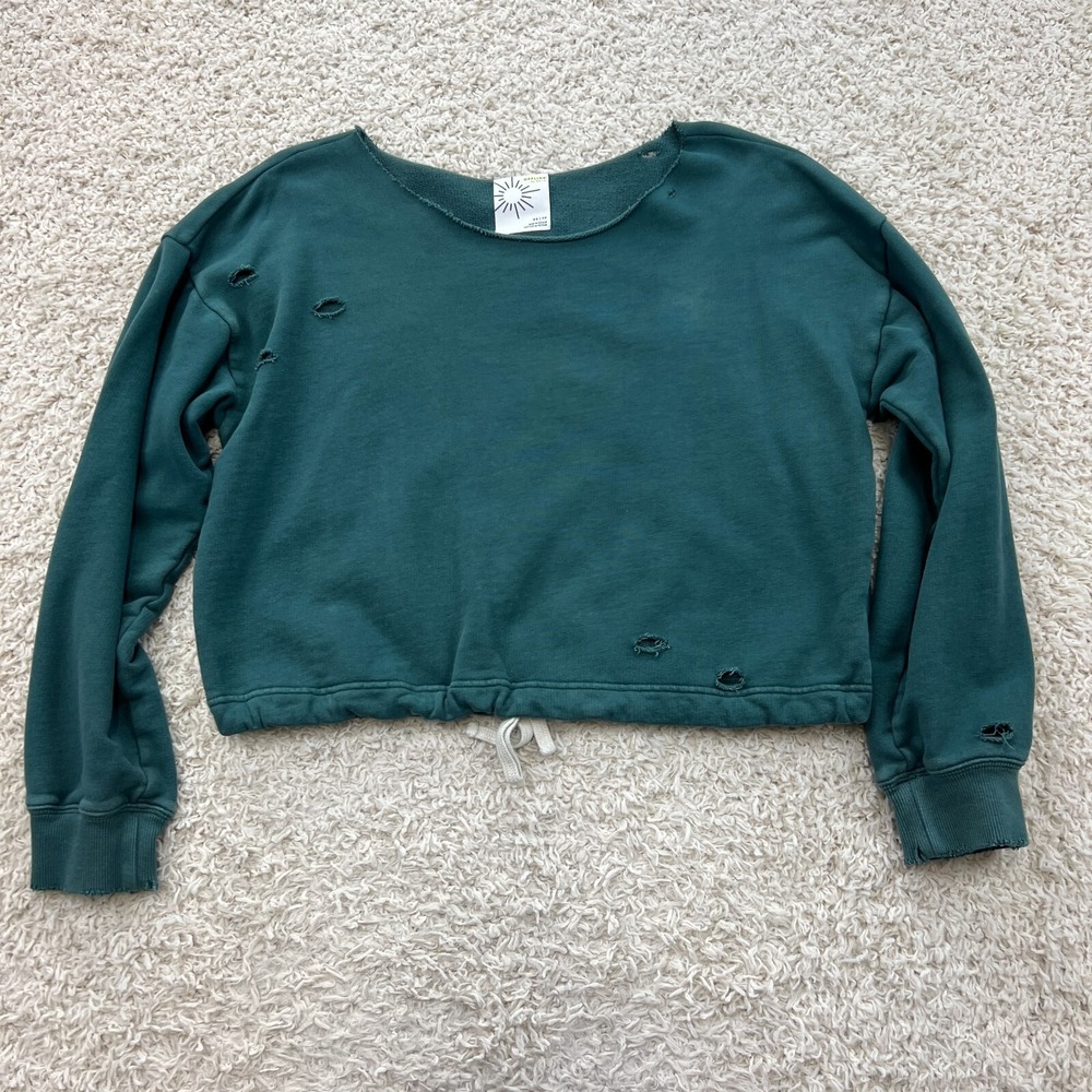 Offline Aerie Sweatshirt Womens XS Green Distressed Holes Cropped Athleisure